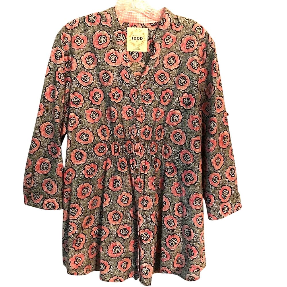 Izod Blouse Size XL Womens Tunic Button Front Back Tie Blue Bright Pink White